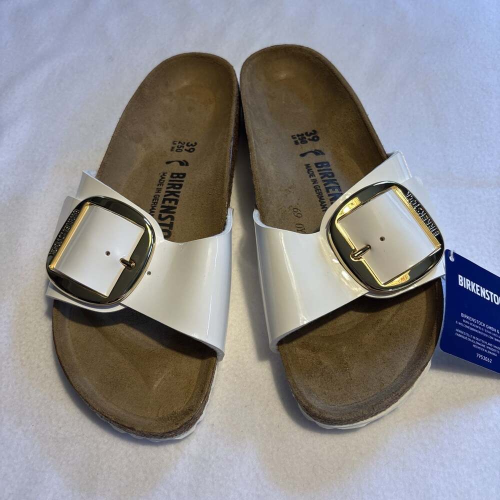 Birkenstock Madrid Big Buckle Patent Leather White High Shine Gold 39 Narrow NWB